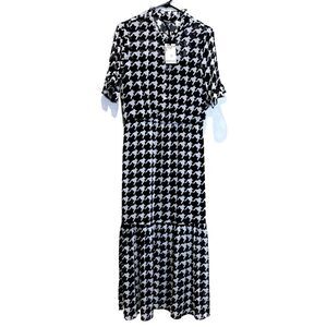 Kensie NWT Black White Houndstooth Ruffle High Neck Button Midi Dress Size M